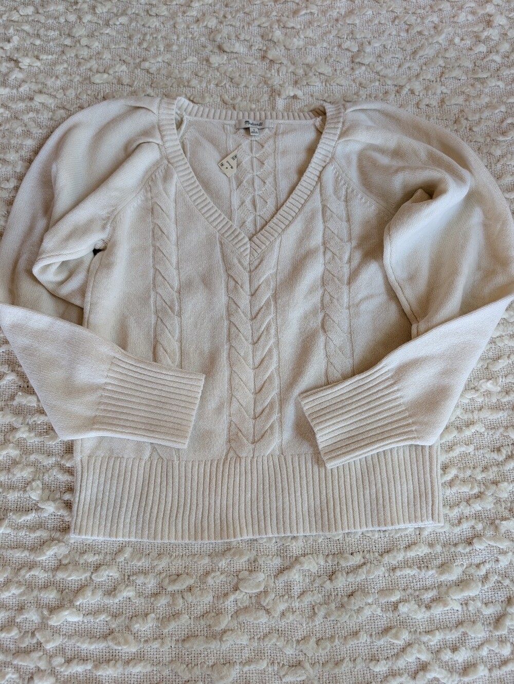 Madewell Merino Wool Cream Cable Knit V Neck Sweater Medium